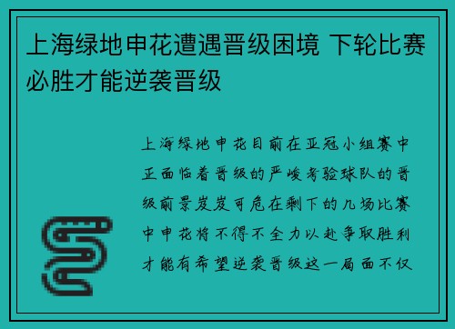 上海绿地申花遭遇晋级困境 下轮比赛必胜才能逆袭晋级